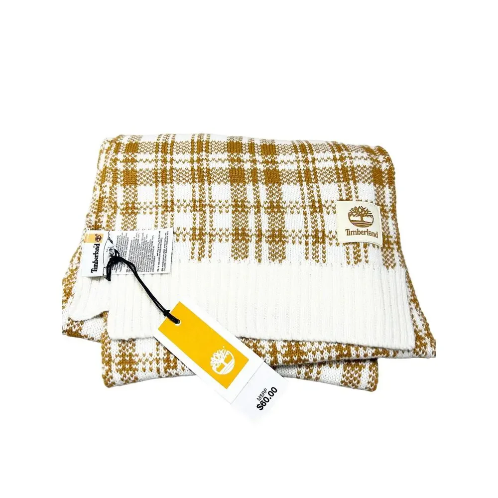 Timberland Buffalo Cozy Plaid Rust Orange Cream Knit Scarf Unisex